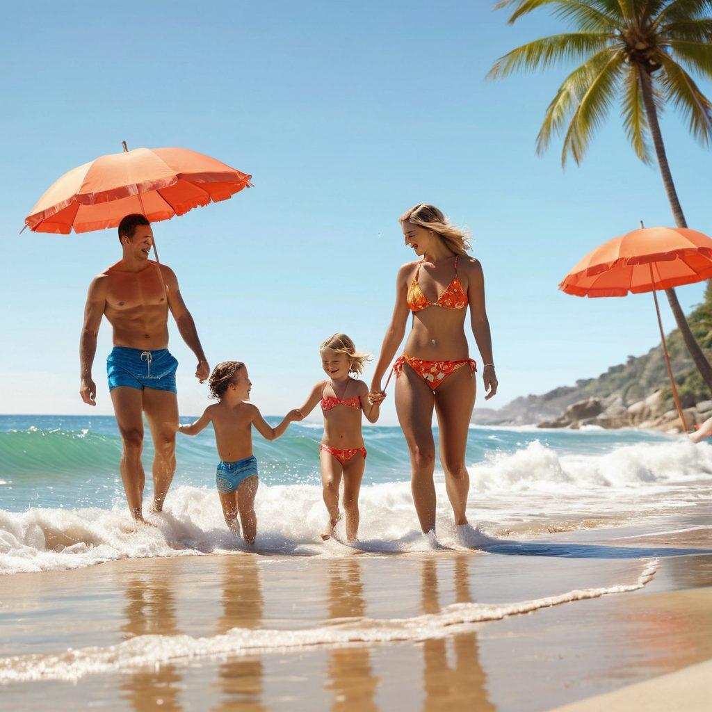 A vibrant family scene at the beach, showcasing trendy swimwear on parents and children engaging in creative outdoor activities like beach volleyball and building sandcastles. The backdrop includes colorful beach umbrellas and clear blue waves, while kids are splashing in the water with smiles. Captivating sunshine highlights the joyous atmosphere. super-realistic. vibrant colors. white background.