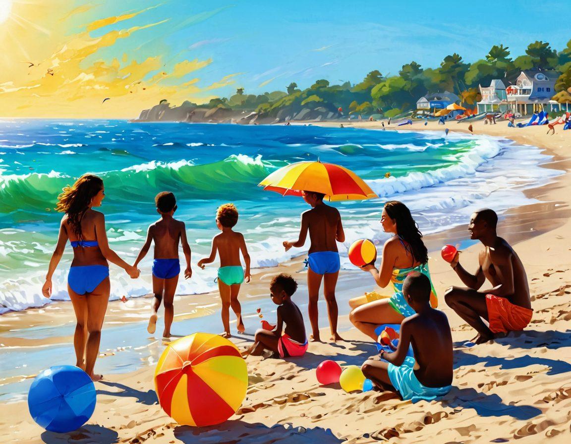 A vibrant beach scene showcasing a diverse group of families enjoying the sun, playing with beach balls, and building sandcastles. Colorful umbrellas and stylish swimwear create a lively atmosphere, while waves gently crash on the shore. The sun is shining brightly, casting a warm glow over the scene. Children laughing and splashing water, evoking a sense of joy and summer fun. digital painting. vibrant colors. sunny background.